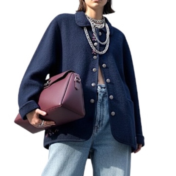 Vintage 90s pure wool dark blue boiled wool boxy oversized embroidered sweater L - Picture 3 of 17